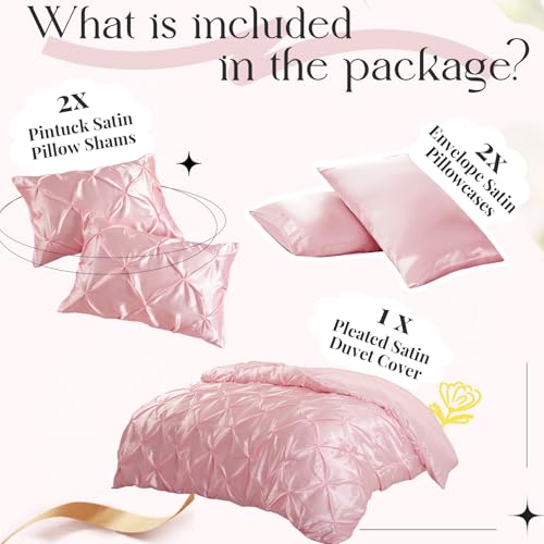 P Pothuiny 5 Pieces Satin Pintuck Duvet Cover Set, Silky Like Blush Pink Pinch Pleat Duvet Cover Full/Queen Size Luxury Bedding Set with Corner Ties, 2 Pillow Shams + 2 Pillowcases (No Comforter) P Pothuiny