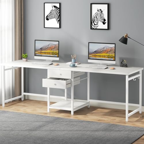 Tribesigns 79 Inch Extra Long Desk, Double Desk with 2 Drawers, Two Person Desk Long Computer Desk with Storage Shelves, Writing Table Study Desk for Home Office, White - WoodArtSupply