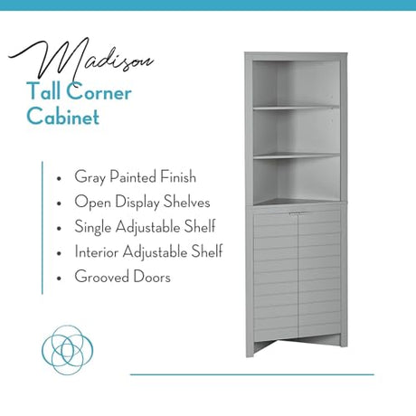 RiverRidge Madison Bathroom Corner Storage Cabinet with Open Shelves and Cupboard Tall Corner Storage Bathroom Furniture Dresser Curio Cabinet RiverRidge