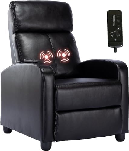 IOMOR Massage Recliner Chair for Adults, Home Theater Seating with Lumbar Support and Adjustable Backrest, High-Density Sponge Push Back Recliners for Small Spaces, Faux Leather (Black) IOMOR
