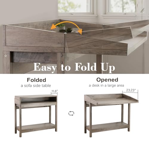 REDAYFUR Console Table with Charging Station, 38” Narrow Side Foldable Sofa Table with Shelves, Side Table with Charging, Entryway Table with Anti-Tip Design,Rustic,Rustic Gray REDAYFUR