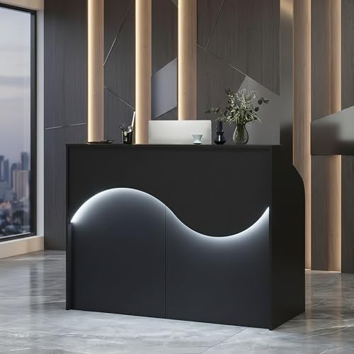Reception Desk with Counter, Modern Front Desk Reception Room Table with LED Lights, Retail Checkout Counter with Lockable Drawers & Power Outlets for Lobby, Salon, Home Office Desk, Black