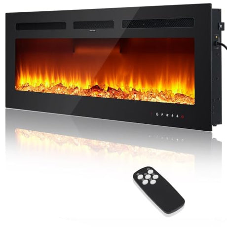 Fireplace, 50 Inch Recessed & Wall Mounted, 750W/1500W Dual Heater, Adjustable Brightness/Carbon Bed Colors/Touch Screen/12 Realistic Ember Color Fireplace, Mount Black PeakPursuit