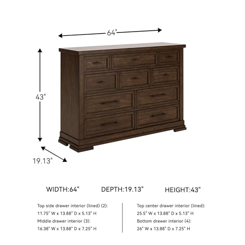 Signature Design by Ashley Taffenbrook Farmhouse 10-Drawer Bedroom Dresser with Felt-Lined Top Drawer for Jewelry and Delicates, Easy Glide Drawers, Picture Frame Moulding, Black Handles, Dark Brown Signature Design by Ashley