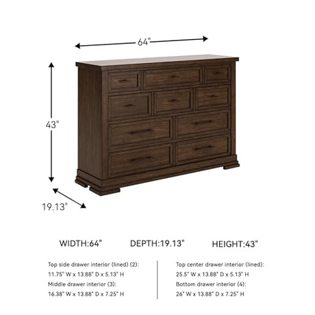 Signature Design by Ashley Taffenbrook Farmhouse 10-Drawer Bedroom Dresser with Felt-Lined Top Drawer for Jewelry and Delicates, Easy Glide Drawers, Picture Frame Moulding, Black Handles, Dark Brown Signature Design by Ashley
