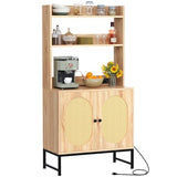 DWVO Oak Microwave Stand Bakers Rack with Power Outlet and Storage Cabinet DWVO