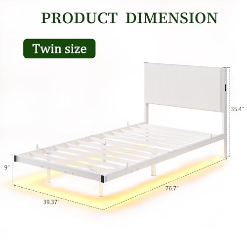 Twin Floating Bed Frame with Headboard,Twin Size Floating Bed Frame with LED Lights & USB Charging Station,Metal Platform Bed with Strong Slats Support,No Box Spring Needed,Easy Assembly,White JUISSANO