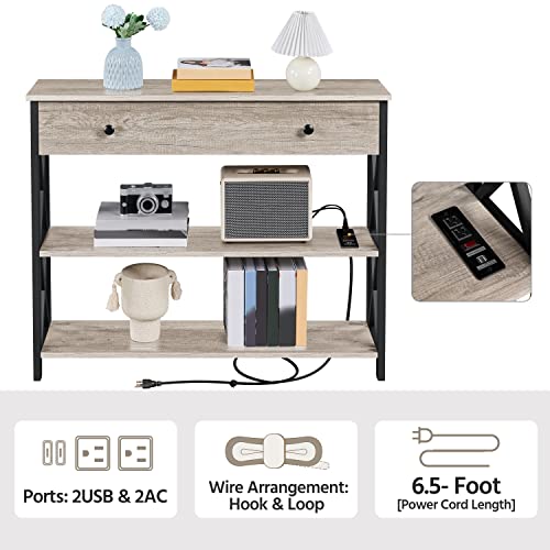 Yaheetech Console Table with Power Outlets and USB Ports, Wooden Entryway Table with Drawer and Open Shelves, Narrow Sofa Tables with Metal Frame for Living Room, Couch, Hallway, Grey Yaheetech