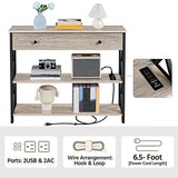 Yaheetech Console Table with Power Outlets and USB Ports, Wooden Entryway Table with Drawer and Open Shelves, Narrow Sofa Tables with Metal Frame for Living Room, Couch, Hallway, Grey Yaheetech