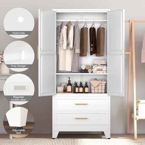 Anewome 71" Metal Armoire Wardrobe Closet with 2 Drawers, Freestanding 2-Door Tall Clothing Storage with Adjustable Shelves and Hanging Rod for Bedroom Dorm, White