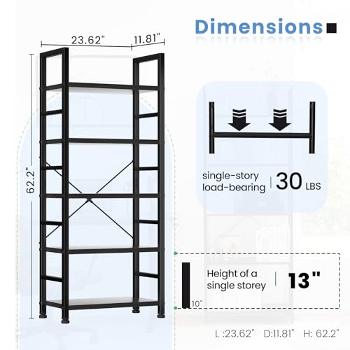 DUMOS 5 Tiers Bookshelf, Classical Book Shelf, Tall Display Shelves in Living Room/Home/Office, Storage Organizer for CDs/Books/Movies, Modern Black DUMOS