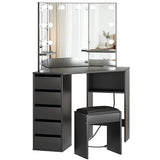 Garvee Corner Vanity Desk and Bench, Makeup Vanity Table with 3-Folding Lighted Mirrors, Charging Station, 5 Drawers for Bedroom Garvee