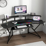 Auromie 72" Gaming Desk with Power Outlet & Led Strip, Large Wing-Shaped Computer Desk w Monitor Stand & Keyboard Tray & RGB Mouse Pad, Studio Desk w Storage Shelf Headphone Hook Cup Holder Auromie