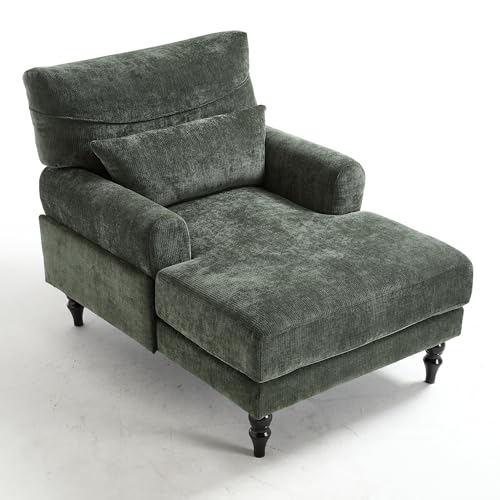 KEIKI Chaise Lounge Chair Indoor, Modern Leisure Sleeper Sofa Chair w/Double Deep Cushion, Accent Upholstered Reading Side Armchair, Recliner Arm Chairs for Living Room & Bedroom, Easy Assembly, Green