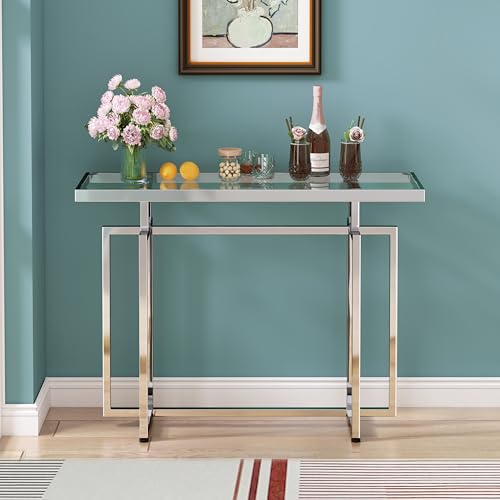 ASYA Glass Console Table for Entryway, Modern Entryway Table with Tempered Glass & Chrome Frame, Silver Sofa Table for Living Room Hallway ASYA