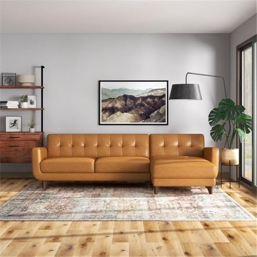 ASHCROFT Elva Mid Century L-Shaped Genuine Leather Right Facing Chaise Sectional, Light Brown Tufted Tight Back Sectional Sofa for Living Room Waiting Area Office Apartment Dorm Home, Tan ASHCROFT