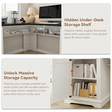 Farmhouse L Shaped Executive Desk with 4 Drawers, Home Office Desk with Hidden Under-Desk Storage Shelf and Charging Station, File Cabinet Storage, Wood Corner Computer Desk for Work(White+Black) Jocoevol