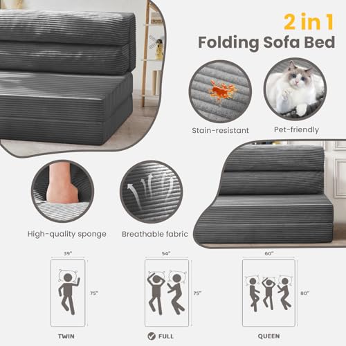 JUIKURY Folding Sofa Bed, Convertible Sleeper Chair with Pilow Foldable Matress, 2 in 1 Pull Out Loveseat Sofa Portable Fold Out Chair Bed Floor Couch Lounge for Living Room Bedroom (Grey, Full) JUIKURY