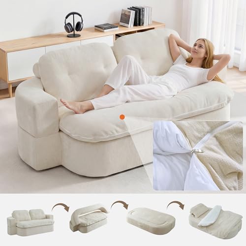 Kuahisoofa 78" Memory Foam Convertible Sofa Bed with Built-in Quilt, Foldable Floor Couch Sleeper for Guests Room & Living Room, Boneless Futon Cloud Sofa for Small Spaces, White Kushisoofa