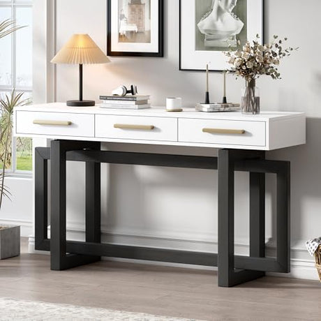 Knocbel Long Console Table with 3 Drawers and Handles, Minimalist Entryway Sofa Tables with Cross Sled Base for Living Room Hallway, 15.7" D x 57" W x 30.6" H Gray and Whitetop Knocbel