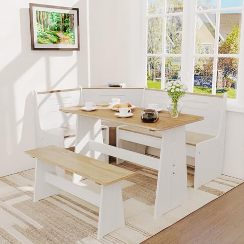 Gracava Breakfast Nook Table Set for Kitchen - White Bench Seating for Dining Room with Space Saving Solid Wood L Shaped Corner Dining Table Set Apartment for 4 to 6 People Gracava