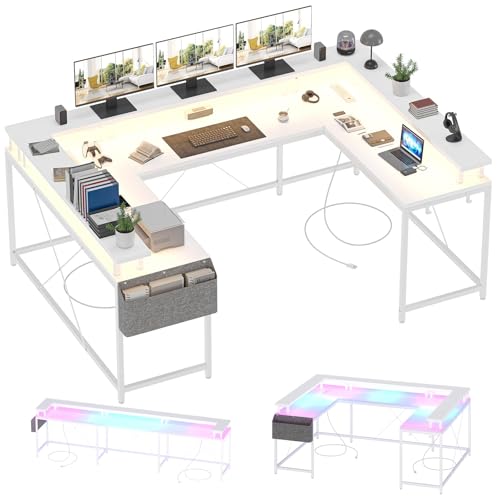 U Shaped Desk, 79" Reversible L Shaped Desk and Long Gaming Desk with Storage Shelf & Power Outlets & LED Lights, Corner Computer Desk with Monitor Stand and Side Storage Bag for Home Office, White TROPOW