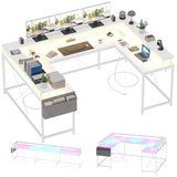 U Shaped Desk, 79" Reversible L Shaped Desk and Long Gaming Desk with Storage Shelf & Power Outlets & LED Lights, Corner Computer Desk with Monitor Stand and Side Storage Bag for Home Office, White TROPOW