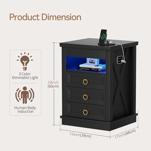 Lvifur Farmhouse Nightstand with Gun Drawer, Human Sensor LED Bedside Table with LED Lights & Charging Station, Rustic Wood Sofa Side End Table with 3 Drawers for Bedroom (Black) Lvifur