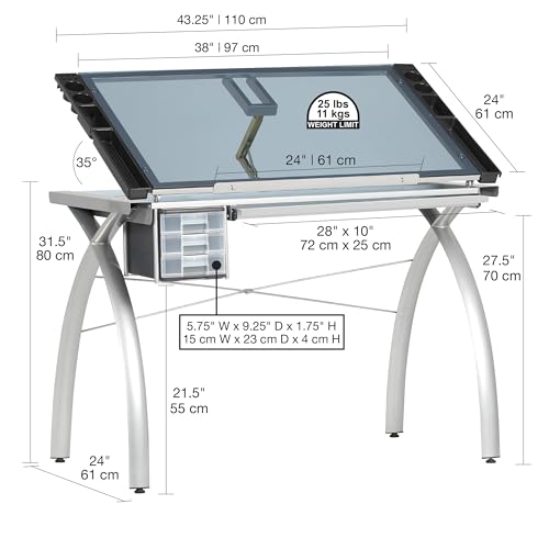 SD STUDIO DESIGNS Futura Crafting, Drafting, Drawing Adjustable Top Hobby Table Writing Studio Art Desk with Drawers, 38''W x 24''D, Tempered, Silver/Blue Glass - WoodArtSupply