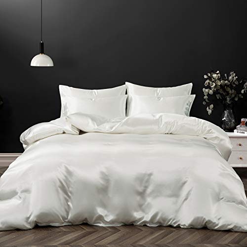 P Pothuiny Satin Duvet Cover King, Single Soft Duvet Cover Only, Luxury Silky Like Ivory White Duvet Cover 90" x 104" Sold Separately - Zipper Closure & Corner Ties P Pothuiny