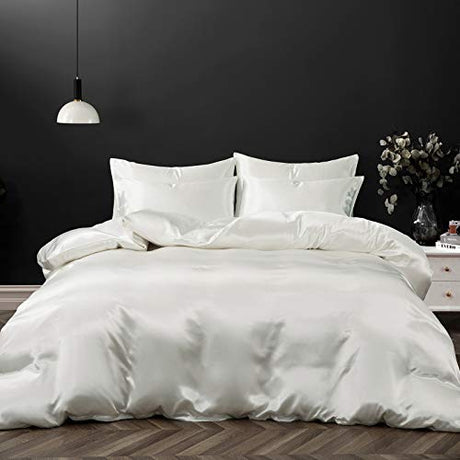 P Pothuiny 5 Pieces Satin Duvet Cover Full/Queen Size Set, Luxury Silky Like Ivory White Duvet Cover Bedding Set with Zipper Closure, 1 Duvet Cover + 4 Pillow Cases (No Comforter) P Pothuiny