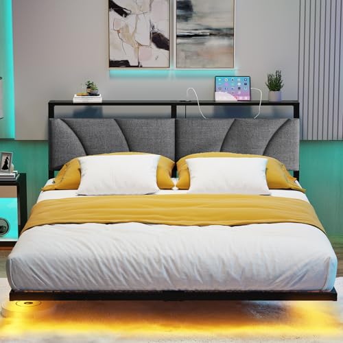 Full Size Floating Bed Frame with LED Lights and Charging Station,Metal Bed Frame Full Size with Stoarge Headboard,Full Bed Mattress Foundation No Box Spring Needed,Noise Free,Under Bed Storage,Black SOLACECASA