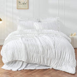Bonlino Queen Comforter Set White Bedding - Ruched Comforter Queen Size Bed Set Boho Shabby Chic Bedding for Bedroom Comforter Fluffy 3 Piece Ruffle Comforter Set with Pillow White Soft Bonlino