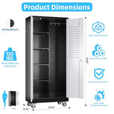 GangMei Metal Broom Closet Storage Cabinet, Garage Storage Cabinet with Wheels, Pegboard, Lockable Doors, 4 Adjustable Shelves for Garage, Home, Black and White, 71" H x 31.5" W x15.75 D GangMei
