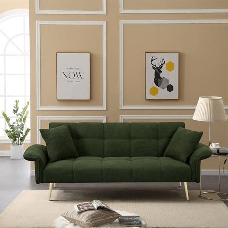 Modern Velvet Futon Sofa Bed ,Convertible Upholstered Couch Bed Loveseat Sleeper, Folding Small Couches Loveseat, Reclining Sofa, Foldable Roll Arms with Pillow for Small Spaces (Green Velvet) Klwenas Maec