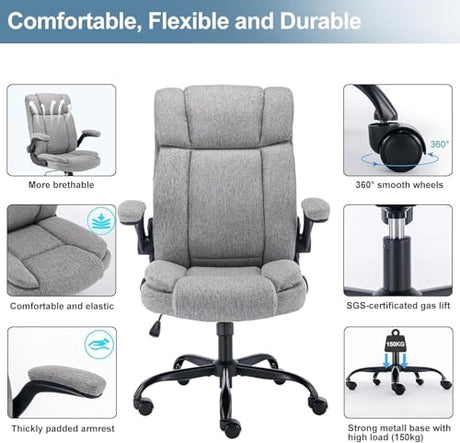 BRTHORY Office Chair High Back Ergonomic Executive Computer Desk Chair Comfortable Fabric Padded Home Office Desk Chairs with Flip-up Arm Rest Adjustable Height Swivel Wheels (Grey) BRTHORY