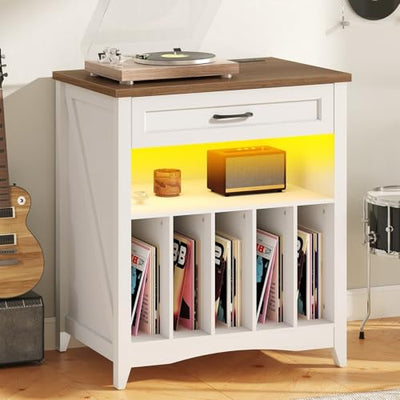 RALGEND Large Record Player Stand with Charging Station, Vinyl Record Storage Cabinet with Drawer and LED, Turntable Display Table for Living Room, Books, Rustic White and Walnut