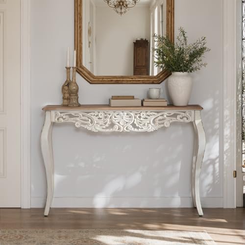 Console Table for Entryway with Carved Details, 43.31" Long Sofa Table Behind Couch, Vintage French Country Entry Table with Wood Carvings and Curved Legs for Hallway, Living Room - Antique White Dorivibe
