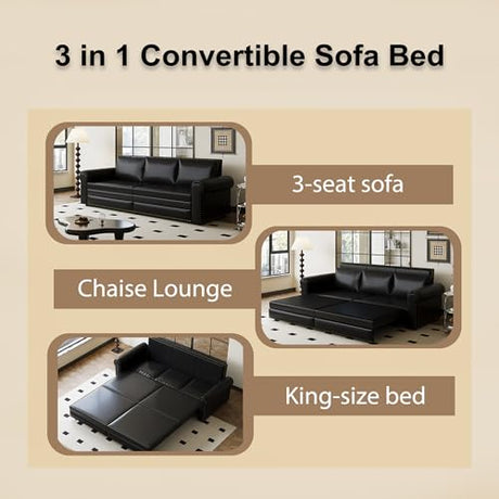 Tabaray 93.7" King Pull Out Sofa Bed, Faux Leather Sleeper Sofa Couch, 3 in 1 Convertible Futon Couches for Living Room, Small Space, Apartment, Office, Bedroom, Modern Rivet Armrest, Black Tabaray