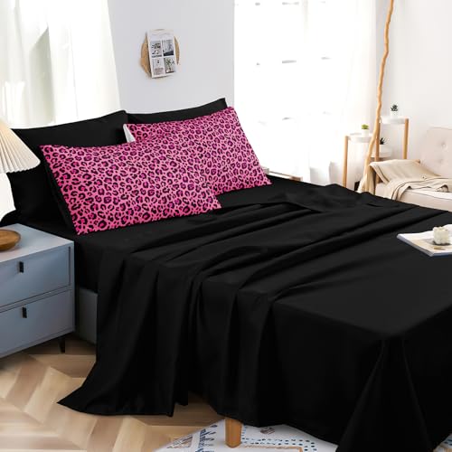 Leopard Print Comforter King Black and Pink Bedding Sets 8 Pcs Hot Pink Cheetah Animal Print Texture Wild Leopard Bed in A Bag with Comforter and Sheet Set Chumerry