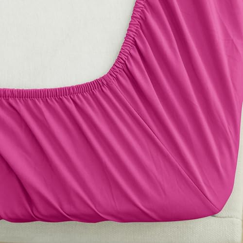 Mocassi Luxury 1800 Premium Hotel Quality Single Fitted Sheet - Ultra Soft, Wrinkle Resistant Microfiber 18-24 Inch Extra Deep Pocket with Storage Pockets Fitted Sheet, Queen, Hot Pink Mocassi