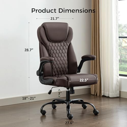 amseatec Office Chair, Executive PU Leather Chair, Ergonomic Computer Desk Chair with Lumbar Support and Adjustable Flip-Up Arms, Rocking Task Chair (Brow amseatec