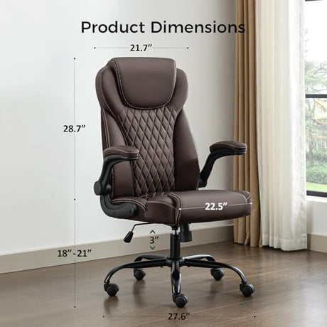 amseatec Office Chair, Executive PU Leather Chair, Ergonomic Computer Desk Chair with Lumbar Support and Adjustable Flip-Up Arms, Rocking Task Chair (Brow amseatec