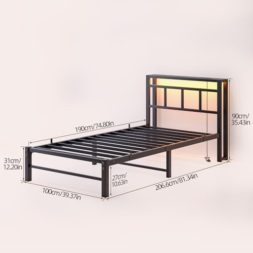 Maliacife Twin Bed Frame with Headboard,Single Bed Frame with Charging Station and LED Lights,Metal Platform Bed Twin Sizes,No Box Spring Needed,Easy Assembly,Black (Sand Black, Twin) Maliacife