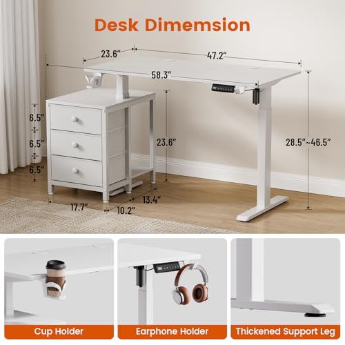 REAHOME Electric Standing Desk with Drawers, 47 x 24 Inches Height Adjustable Sit Stand Desk with Storage, 3 Memory Preset Home Office Computer Table, Printer Cabinet, 2 Hooks, Cable Management, White REAHOME