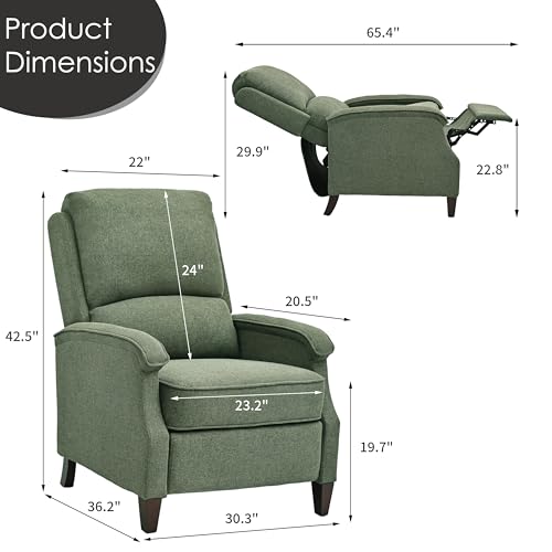 VKNOW Recliner Chair, Fabric Recliner with Soft Armrest, Home Theater Seating with Adjustable Push Back and Lumbar Support, Single Sofa for Adults, Lounge Chair for Living Room, Bedroom（Green）