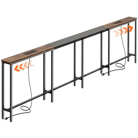 Huuger Narrow Sofa Table with 2 Power Outlets, 110.2-157.5 Inch Adjustable Length, Behind the Couch Table with USB-C Port, Long Entryway Console Table, Anti-tip Kit, for Living Room, Rustic Brown Huuger