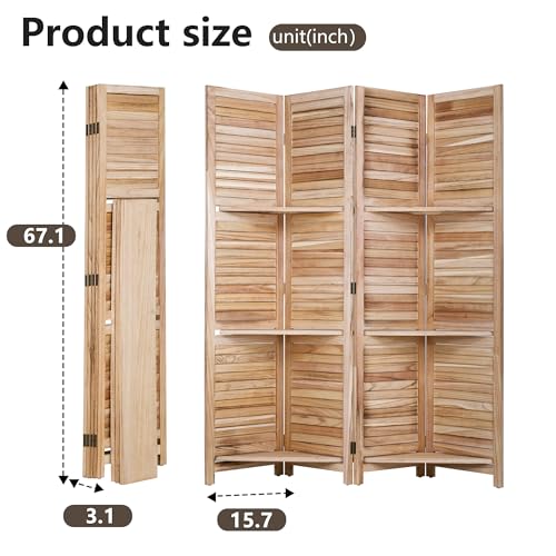 FDW 4 Panel Room Divider Folding Privacy Wooden Screen with Three Clever Shelf Portable Partition Wood Divider for Home Office, Natural Wood FDW