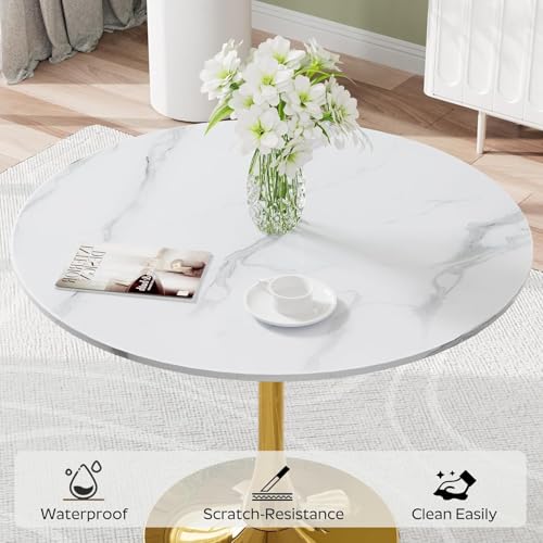 VAKTULS Luxury Round Dining Table Set for 4, 34-Inch Faux Marble Thick MDF Kitchen Table Set with 4 Grey Modern Velvet Dining Chairs for Small Place Coffee Tea, Saving Space(Gold Base) VAKTULS