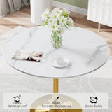 VAKTULS Luxury Round Dining Table Set for 4, 34-Inch Faux Marble Thick MDF Kitchen Table Set with 4 Grey Modern Velvet Dining Chairs for Small Place Coffee Tea, Saving Space(Gold Base) VAKTULS